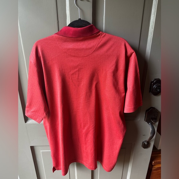 FIDRA Golf Shirt in Red/Orange Overall Pattern w Red Ribbed Collar Size LG $19 - Picture 2 of 4